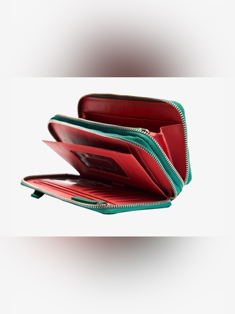 TUSK NYC Leather Double Zip Organizer Wallet Clutch Green Pink Colorblock - Picture 2 of 13
